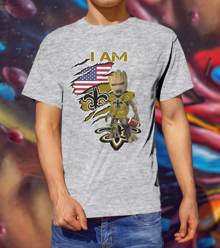 I Am Baby Groot Saints Fleur-De-Lis American Flag Football T-Shirt