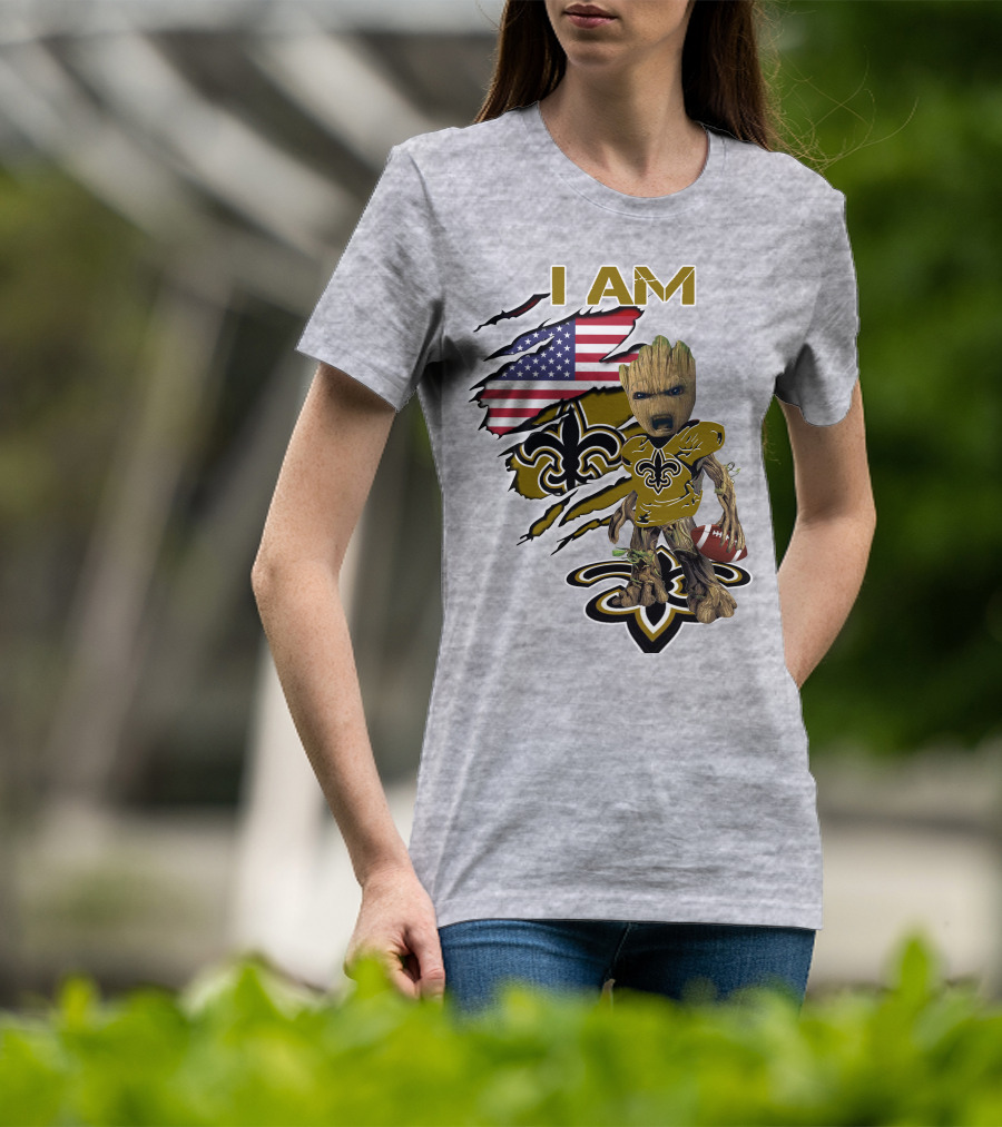 I Am Baby Groot Saints Fleur-De-Lis American Flag Football T-Shirt