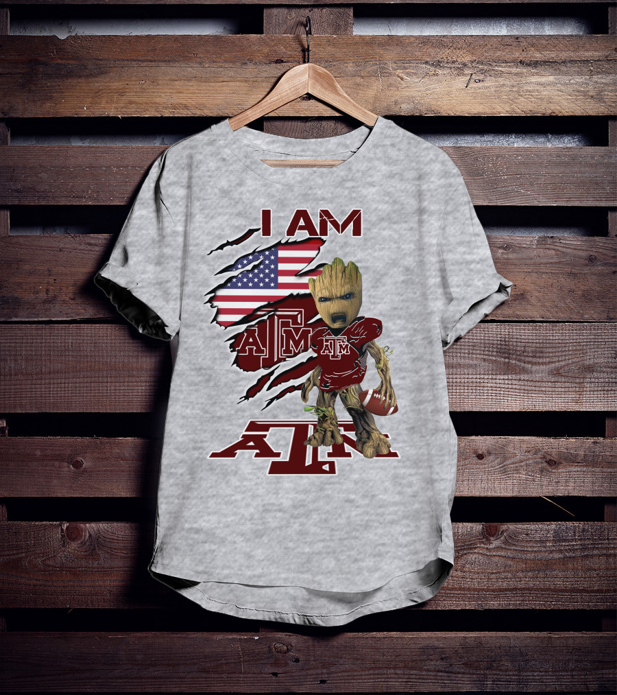 I Am Texas A&M Baby Groot American Flag Football T-Shirt