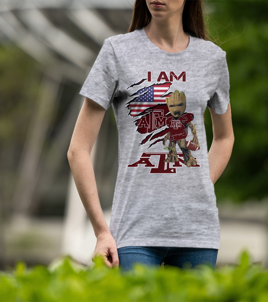 I Am Texas A&M Baby Groot American Flag Football T-Shirt