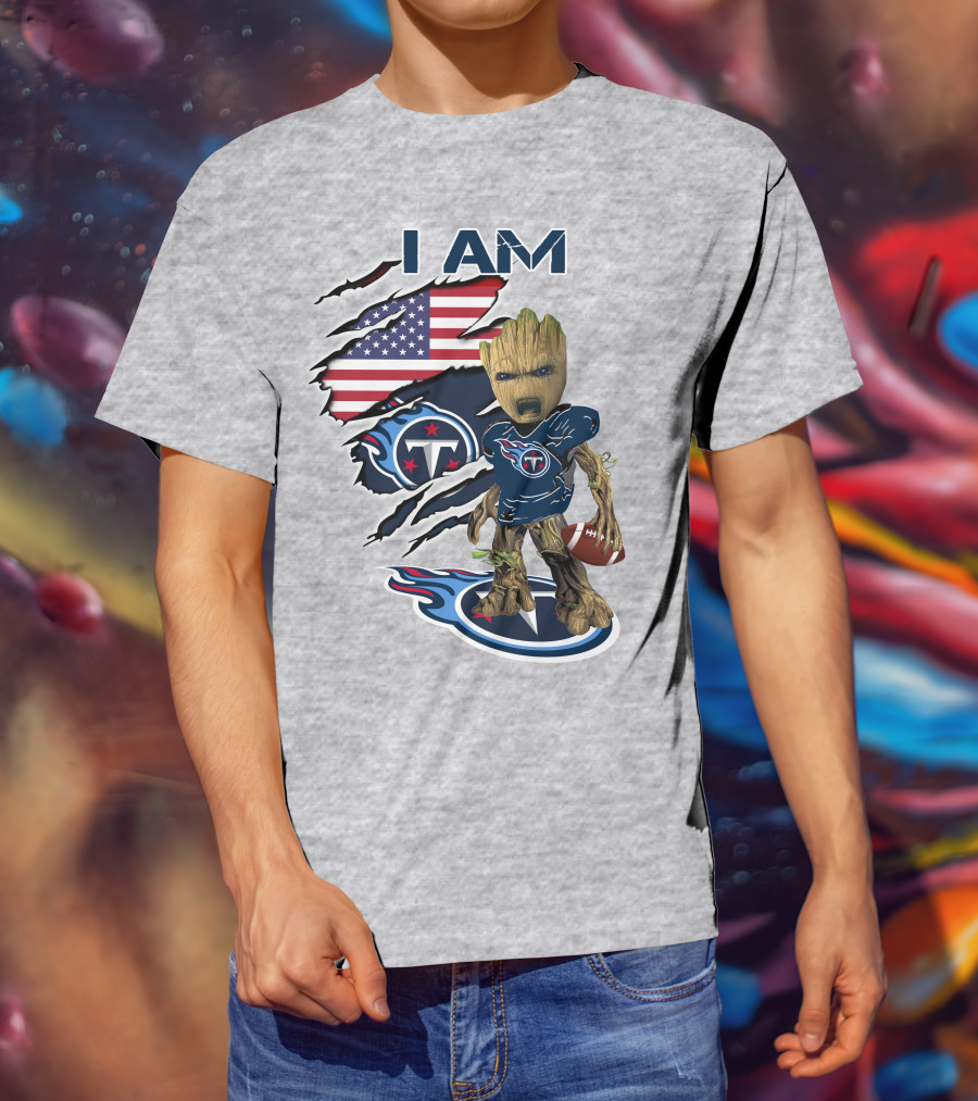 I AM Titans Baby Groot Football USA Flag T-Shirt