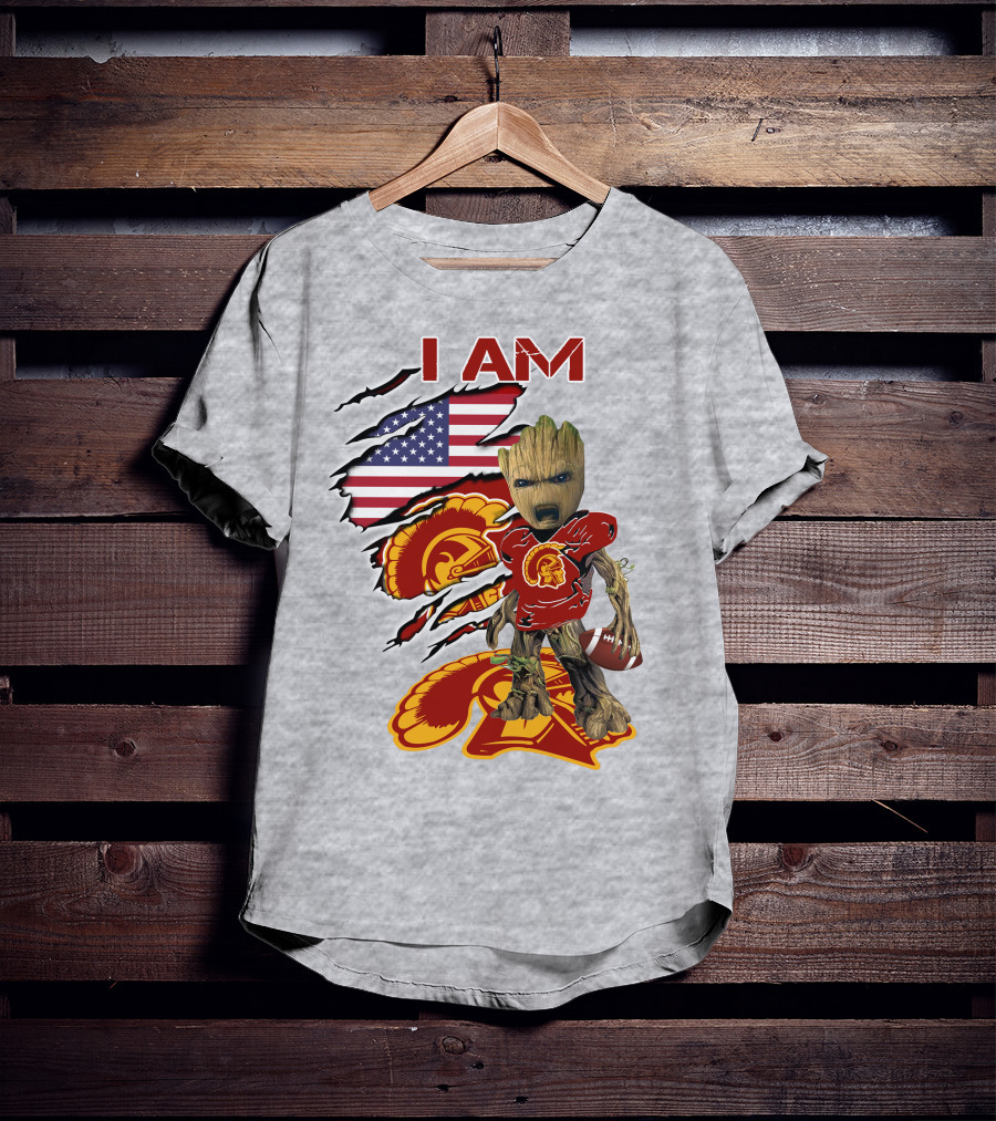 I AM Trojans Baby Groot Football American Flag T-Shirt