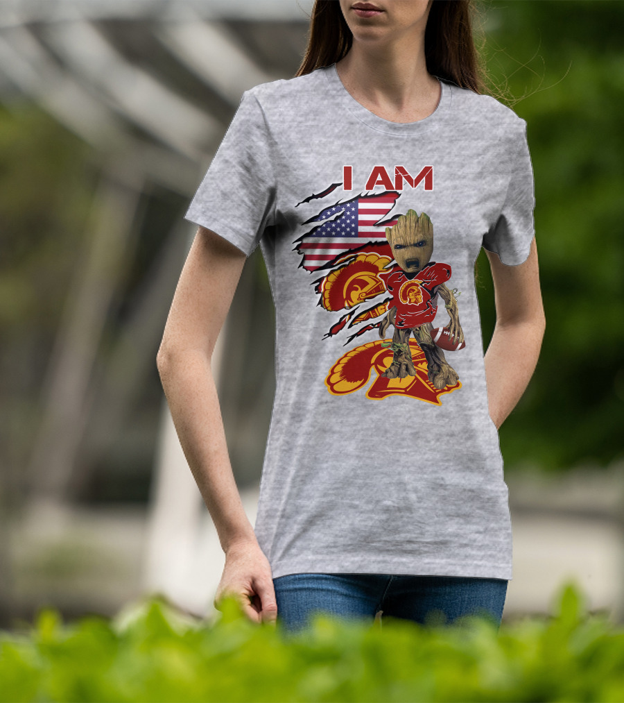 I AM Trojans Baby Groot Football American Flag T-Shirt