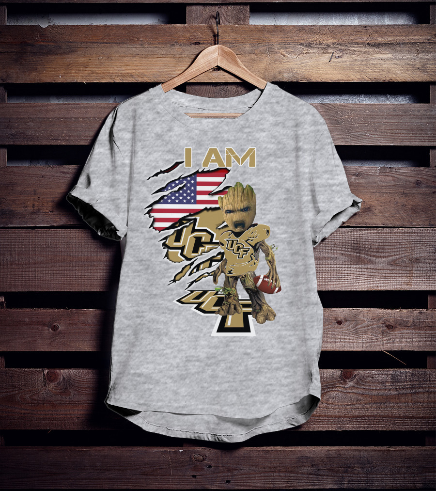 UCF Baby Groot I Am American Flag Football T-Shirt