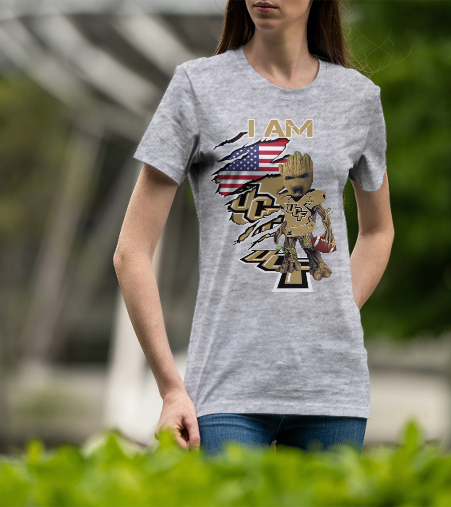UCF Baby Groot I Am American Flag Football T-Shirt