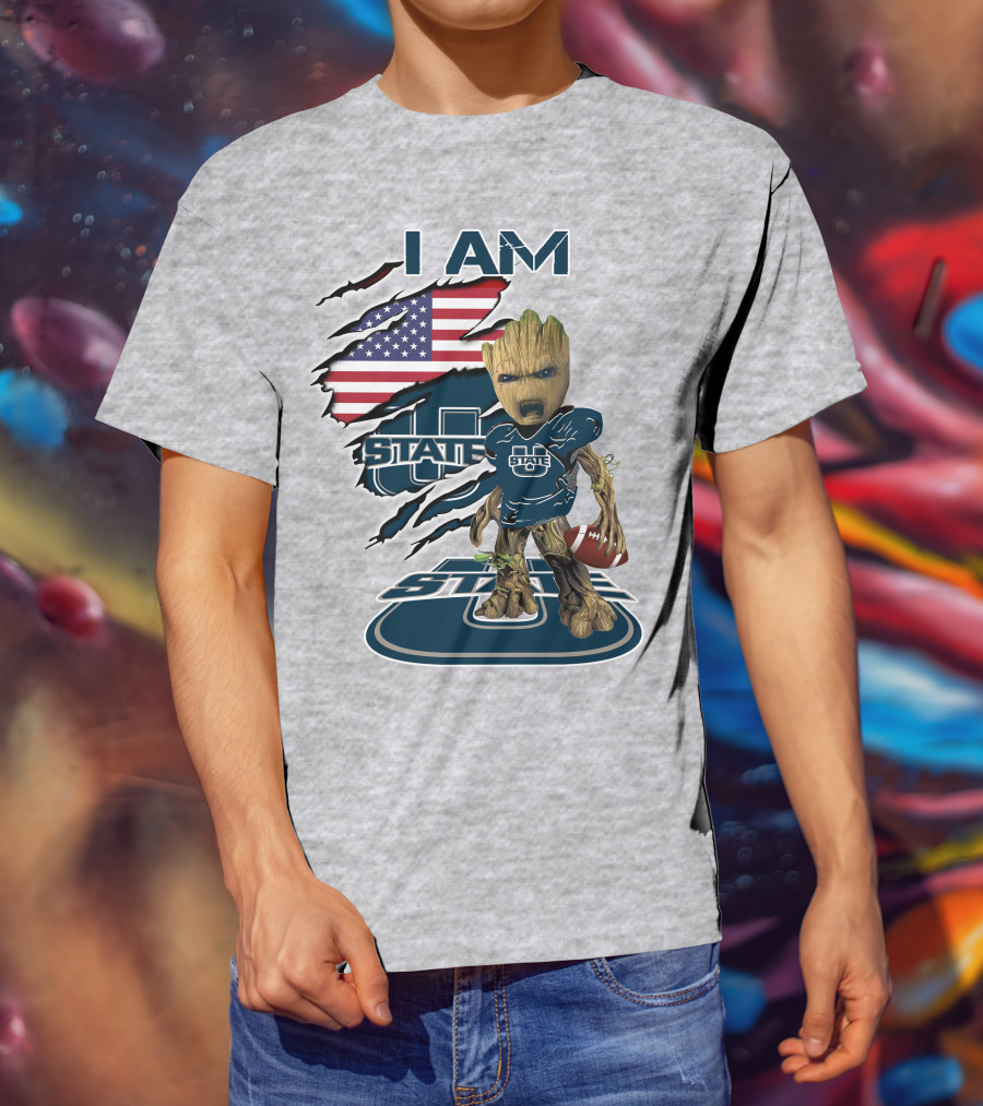 I Am Utah State Baby Groot Football Usa Flag T-Shirt