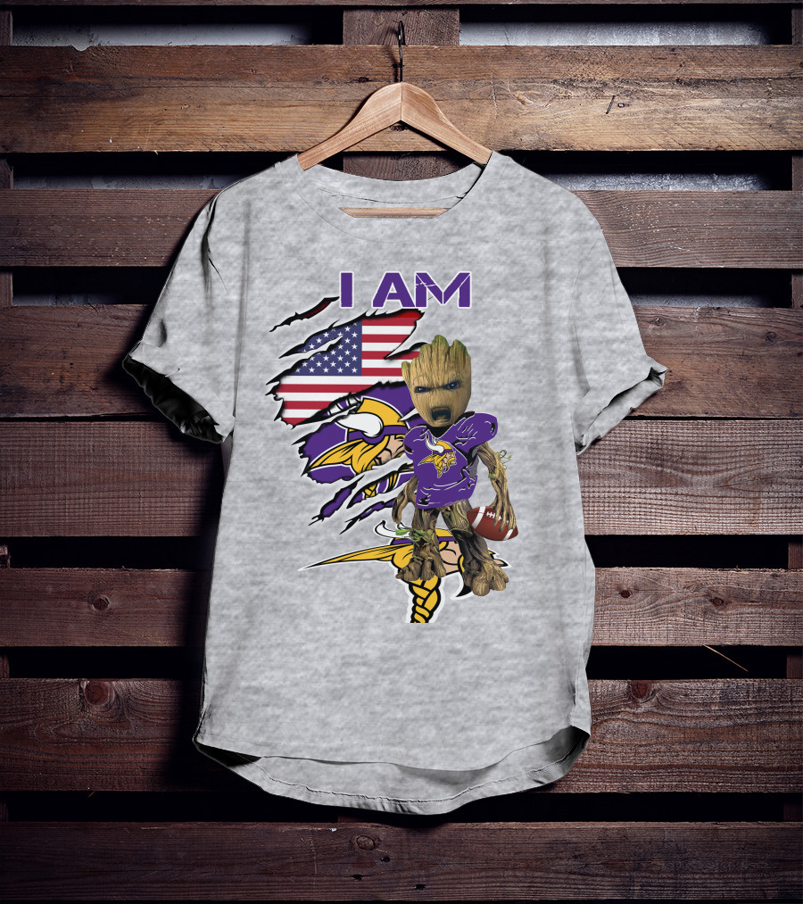 I Am Vikings Baby Groot American Flag Football T-Shirt