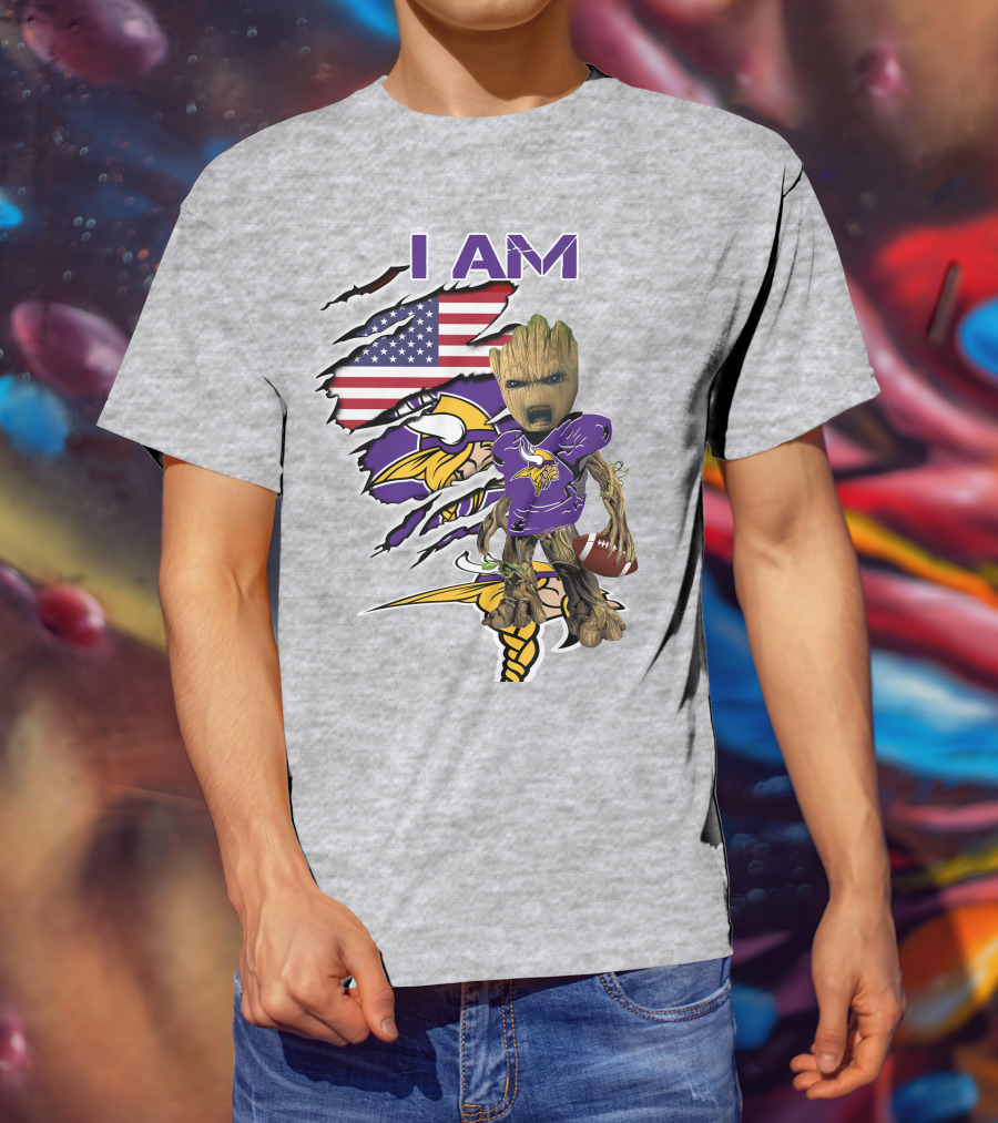 I Am Vikings Baby Groot American Flag Football T-Shirt
