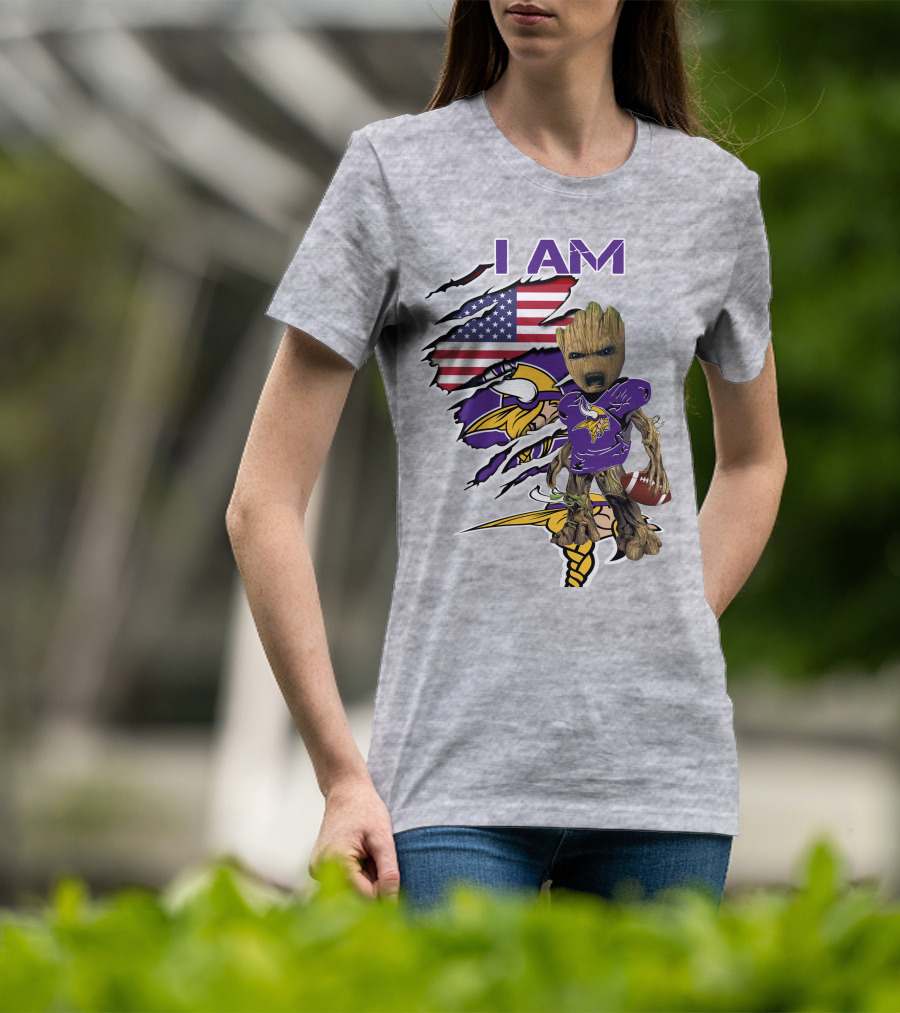I Am Vikings Baby Groot American Flag Football T-Shirt