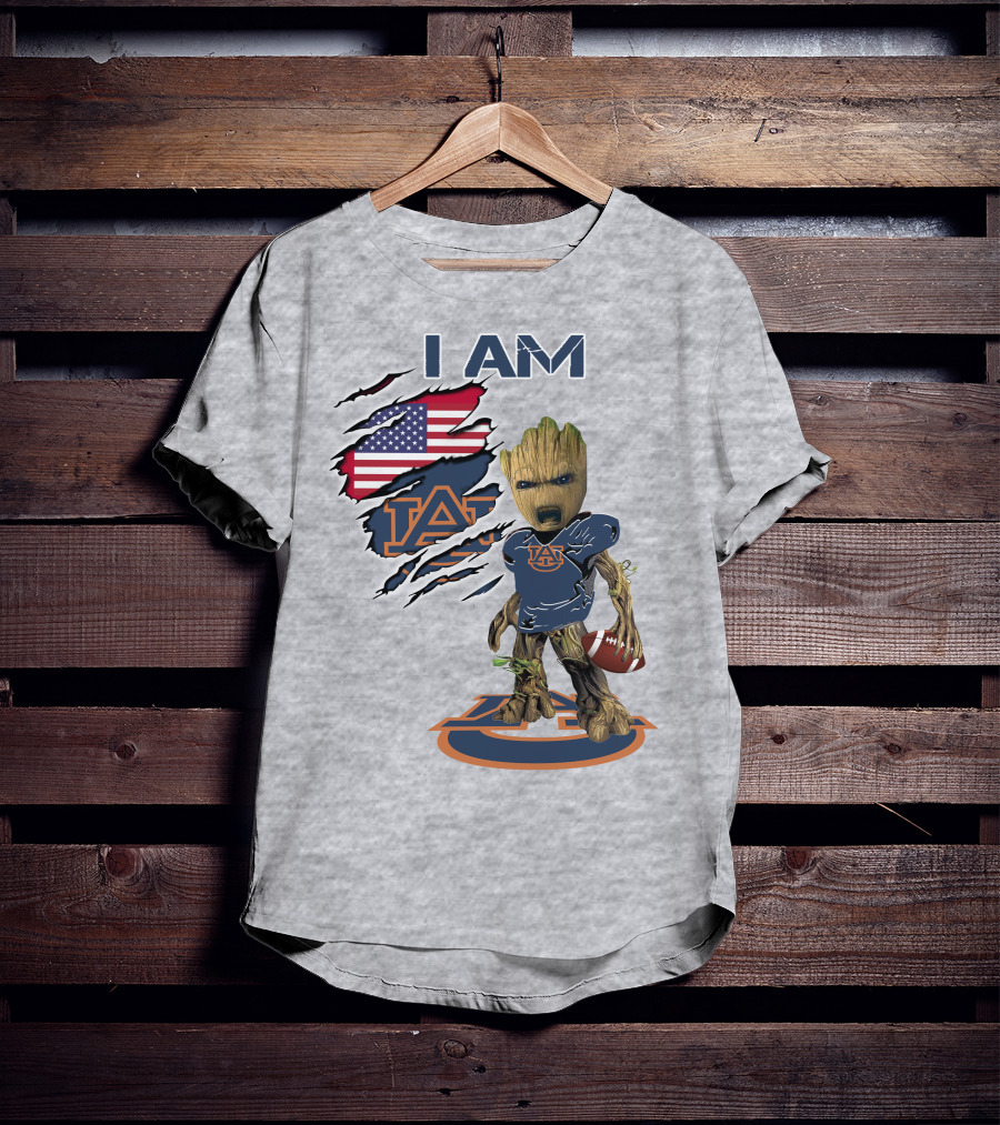 I Am Auburn Baby Groot Football Usa Flag T-Shirt