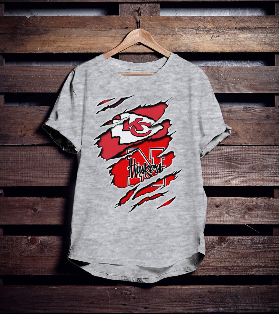 Chiefs Huskers Kansas City Nebraska Iconic Red White Torn T-Shirt