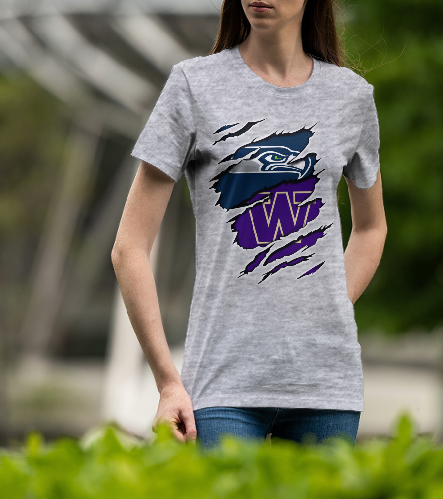 Seahawks Huskies Logo Fusion Nfl College Football Fan Gear T-Shirt