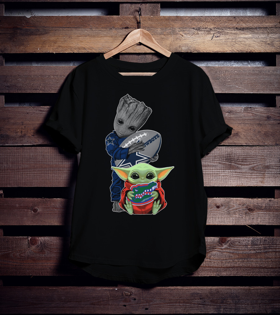 Groot Holding Cowboys Football With Baby Yoda Wearing Gators Hoodie T-Shirt