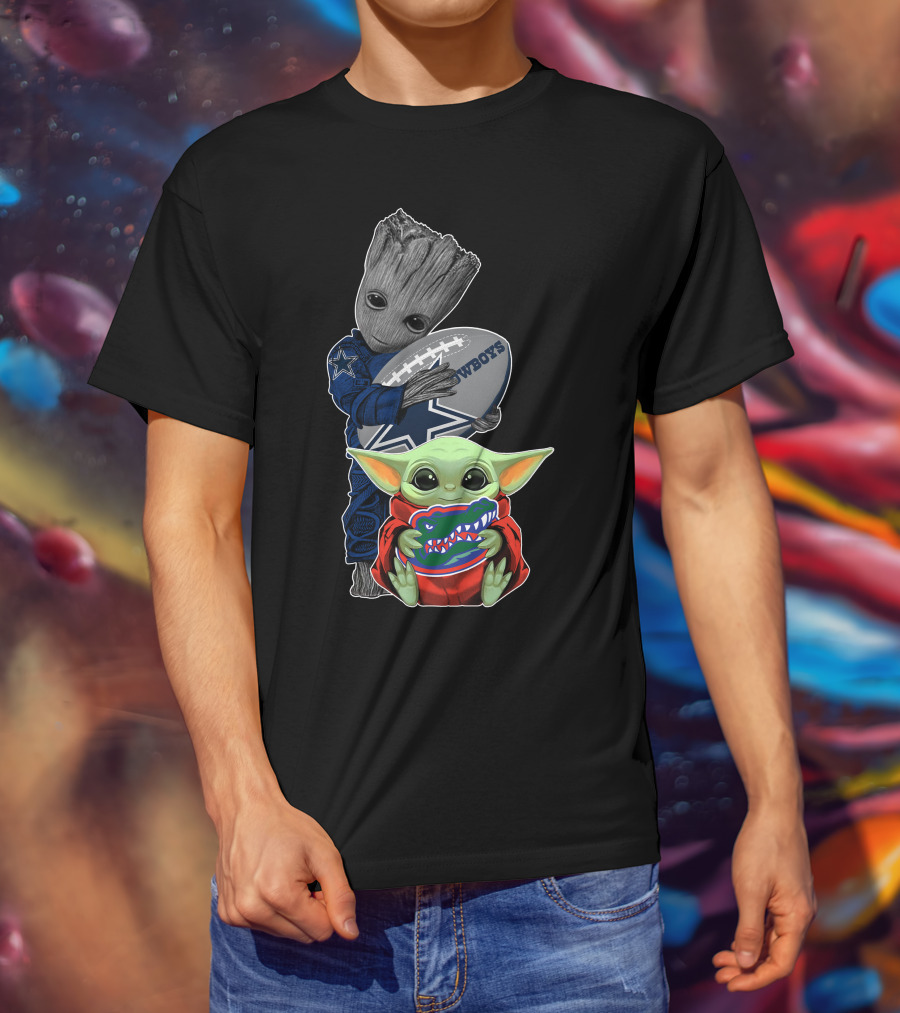 Groot Holding Cowboys Football With Baby Yoda Wearing Gators Hoodie T-Shirt