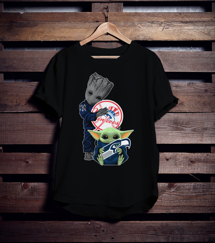 Yankees Baby Yoda With Seahawks And Guardians Of The Galaxy Groot T-Shirt