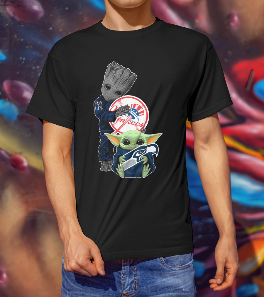 Yankees Baby Yoda With Seahawks And Guardians Of The Galaxy Groot T-Shirt