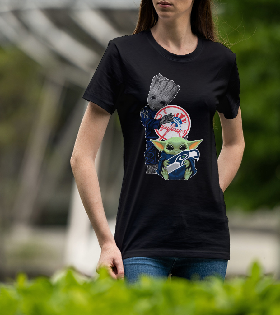 Yankees Baby Yoda With Seahawks And Guardians Of The Galaxy Groot T-Shirt