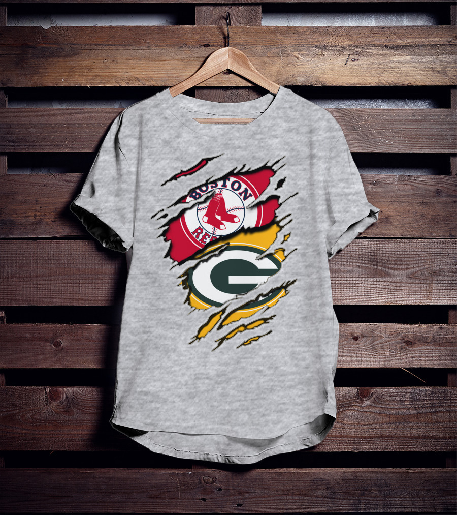 Boston Red Sox And Green Bay Packers Logo Torn T-Shirt