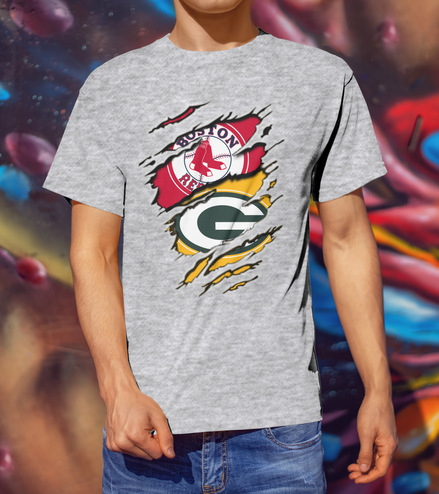 Boston Red Sox And Green Bay Packers Logo Torn T-Shirt