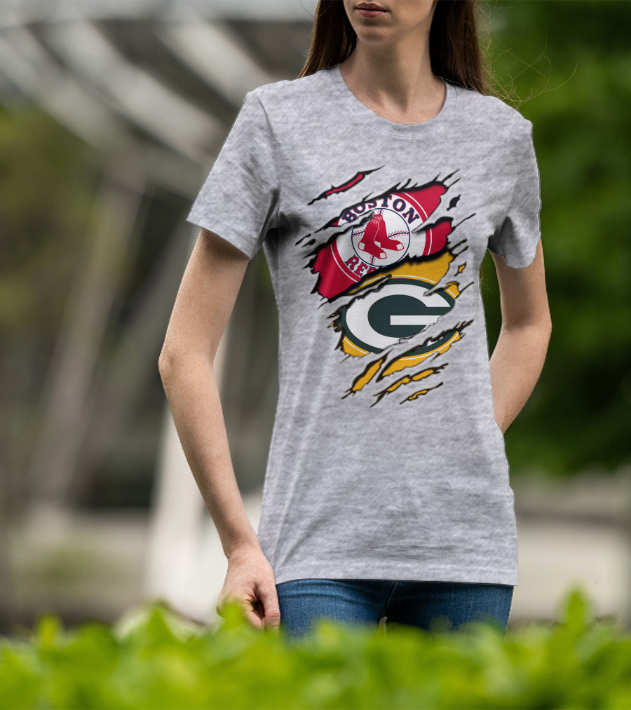 Boston Red Sox And Green Bay Packers Logo Torn T-Shirt