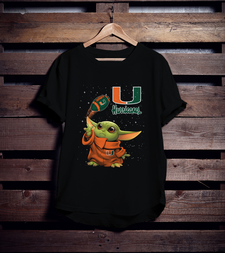 Baby Yoda Miami Hurricanes U Logo Football Starry Background T-Shirt