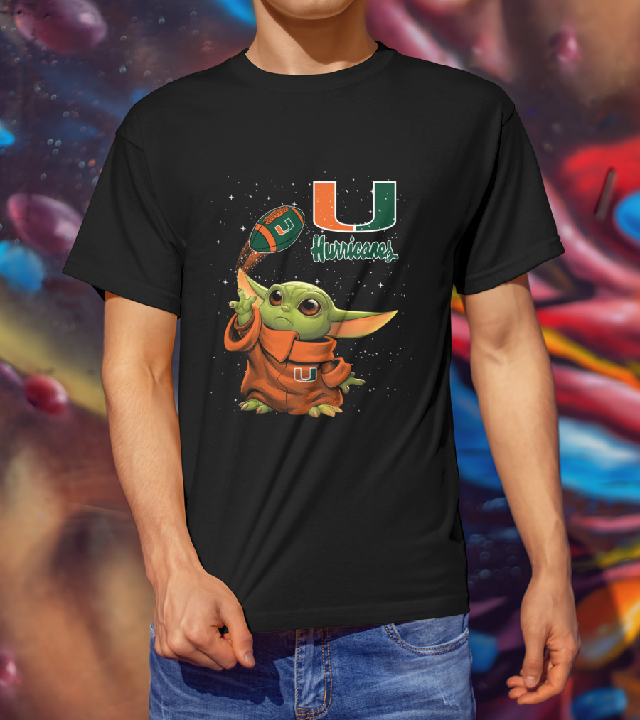 Baby Yoda Miami Hurricanes U Logo Football Starry Background T-Shirt