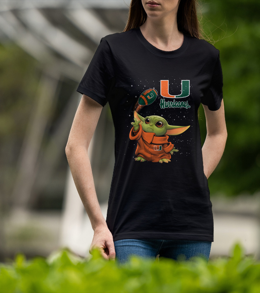 Baby Yoda Miami Hurricanes U Logo Football Starry Background T-Shirt