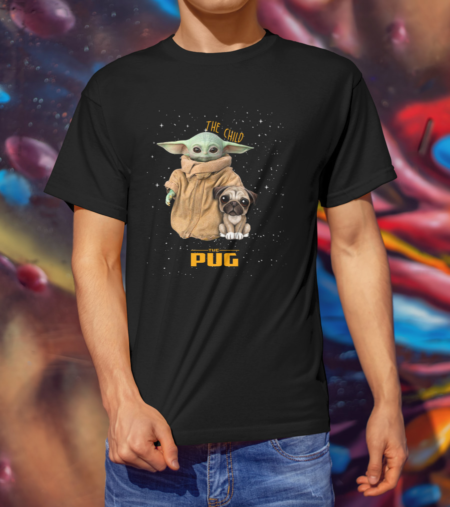 The Child Baby Yoda And Pug In Starry Space Scene T-Shirt