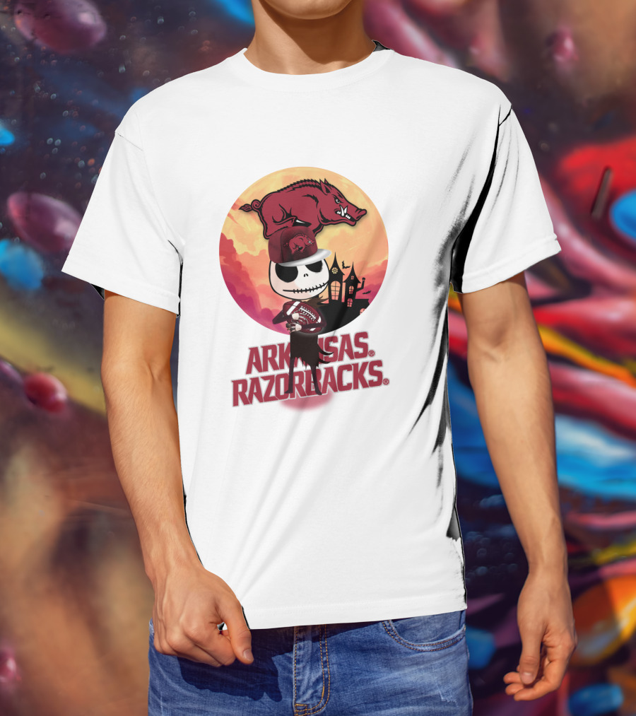 Arkansas Razorbacks Halloween Skull Character With Cap And Football T-Shirt