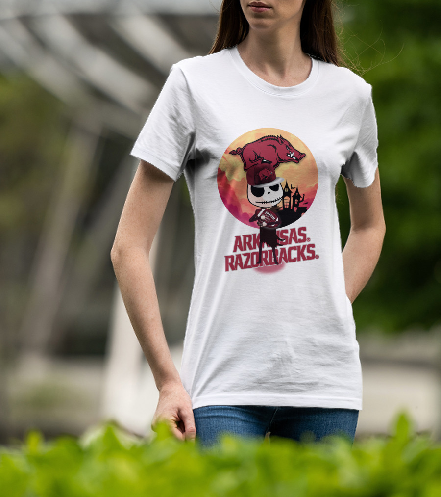 Arkansas Razorbacks Halloween Skull Character With Cap And Football T-Shirt