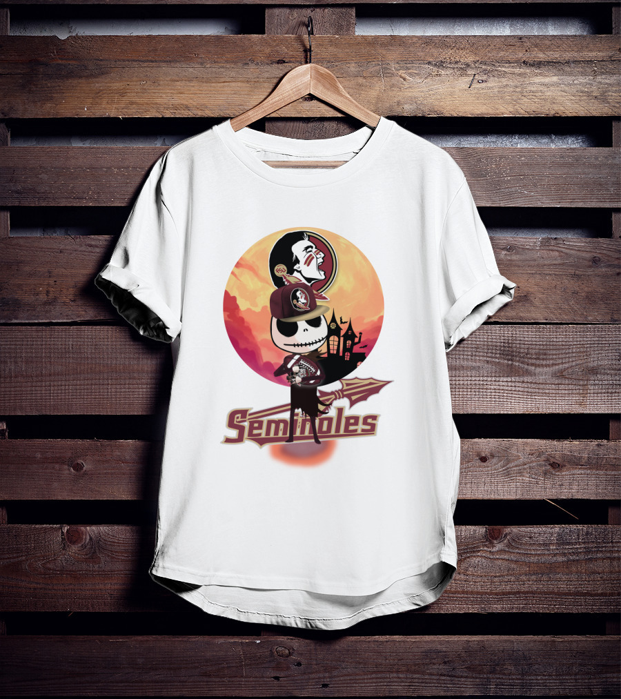 Seminoles Skeleton Character With Florida State Logo And Haunted House Scene T-Shirt