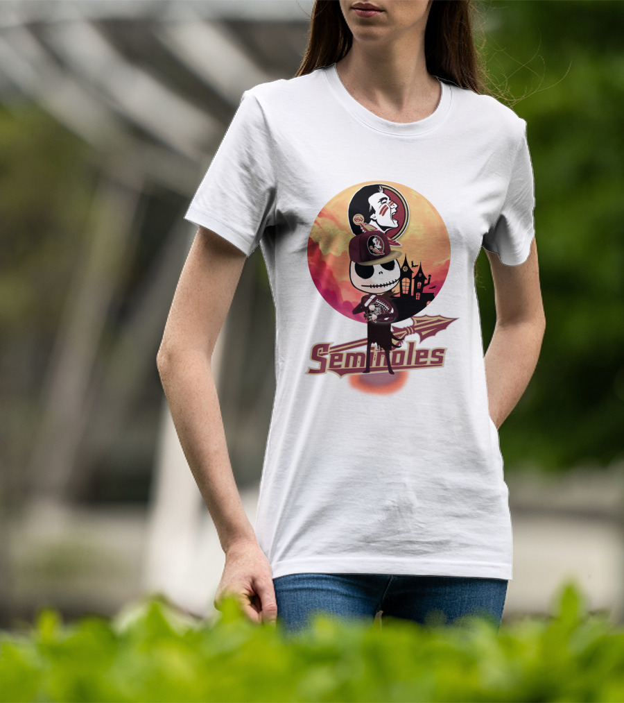 Seminoles Skeleton Character With Florida State Logo And Haunted House Scene T-Shirt