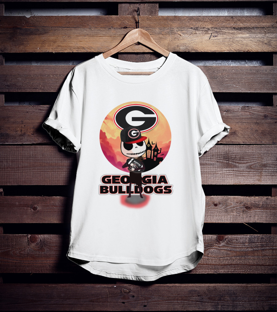 Georgia Bulldogs Skull And Football Scene With Gothic Castle T-Shirt