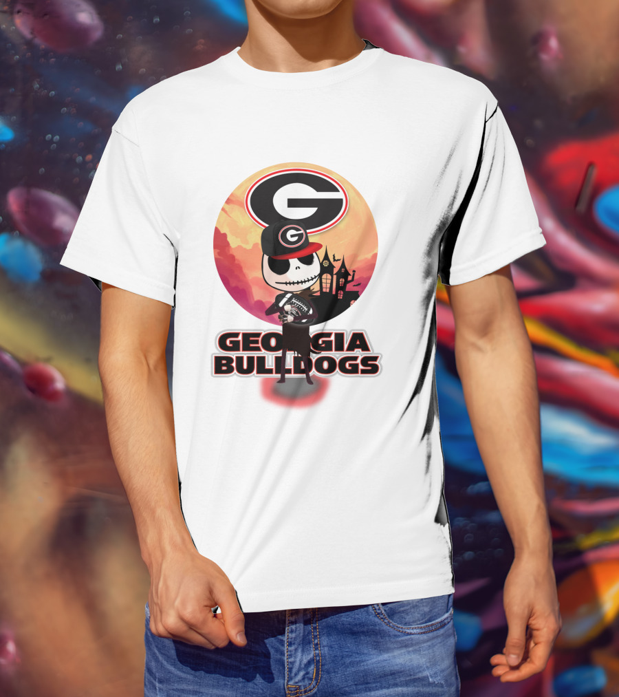 Georgia Bulldogs Skull And Football Scene With Gothic Castle T-Shirt