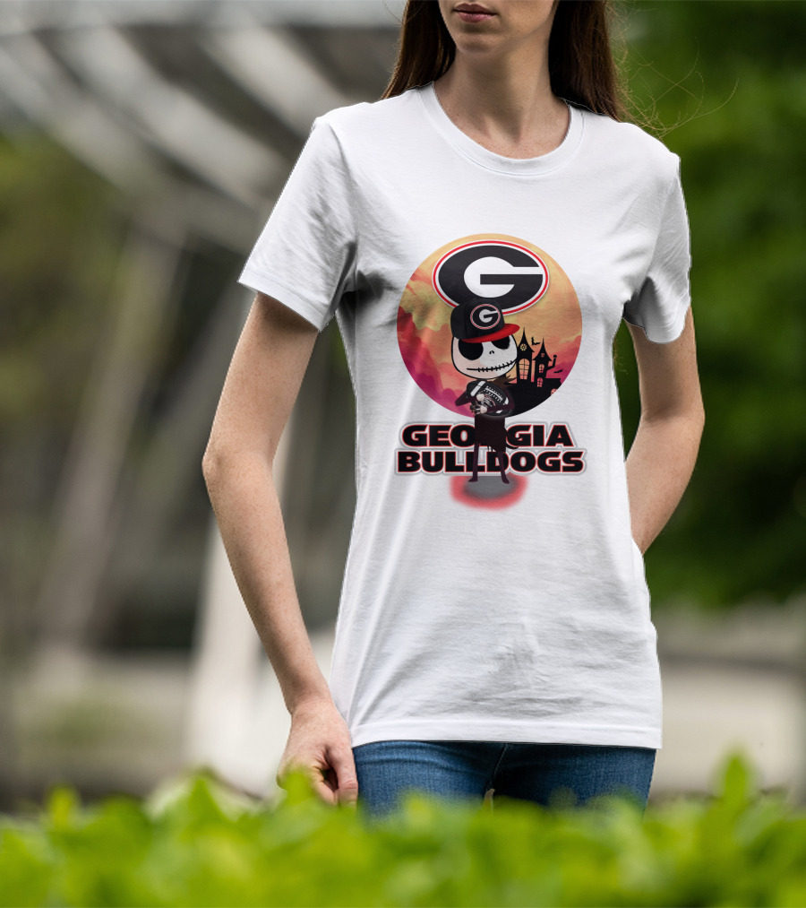 Georgia Bulldogs Skull And Football Scene With Gothic Castle T-Shirt