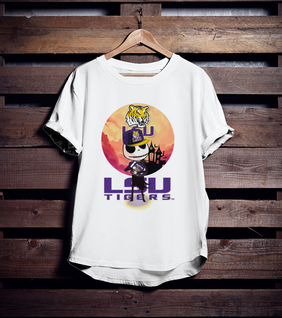Lsu Tigers Halloween Skeleton In Hat With Tiger And Haunted House T-Shirt