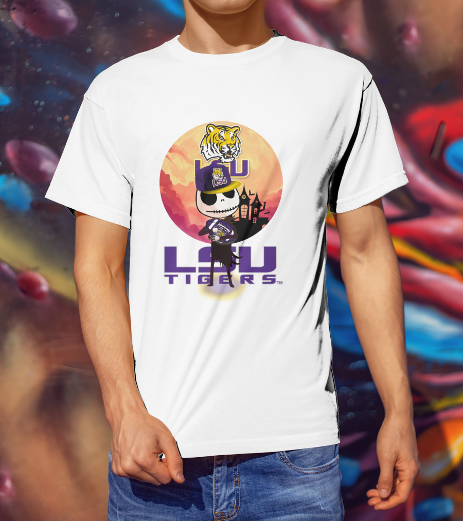 Lsu Tigers Halloween Skeleton In Hat With Tiger And Haunted House T-Shirt