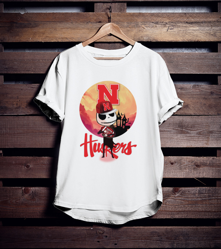 Nebraska Huskers Skeleton Character Halloween Football Scene T-Shirt