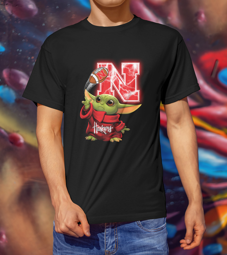 Huskers Baby Yoda Football Nebraska N T-Shirt