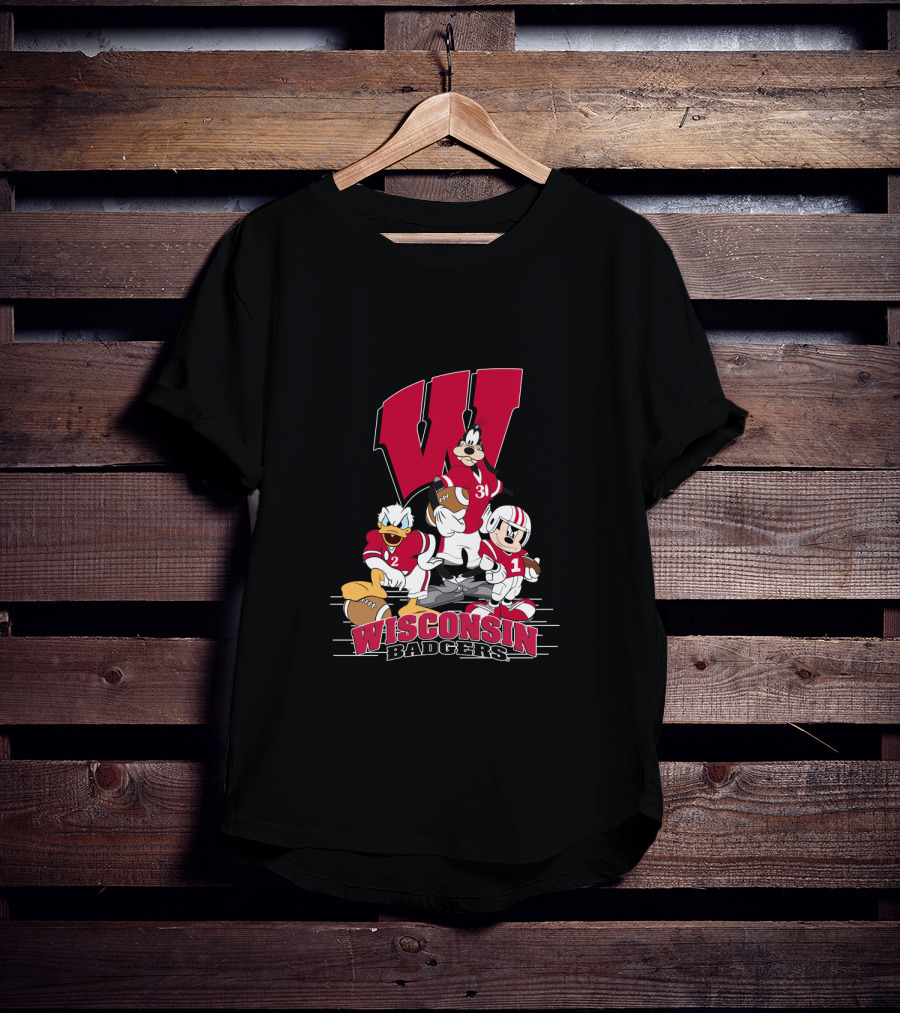 Wisconsin Badgers Donald Duck Goofy Mickey Mouse Football T-Shirt