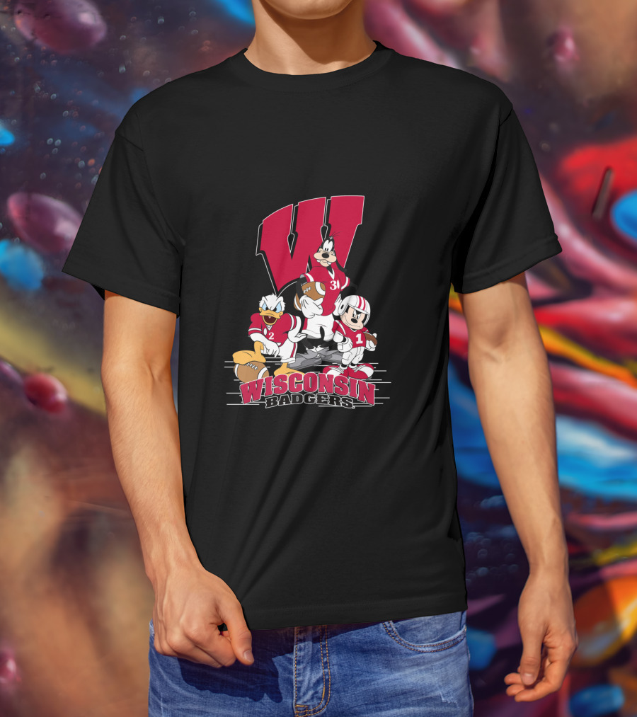 Wisconsin Badgers Donald Duck Goofy Mickey Mouse Football T-Shirt