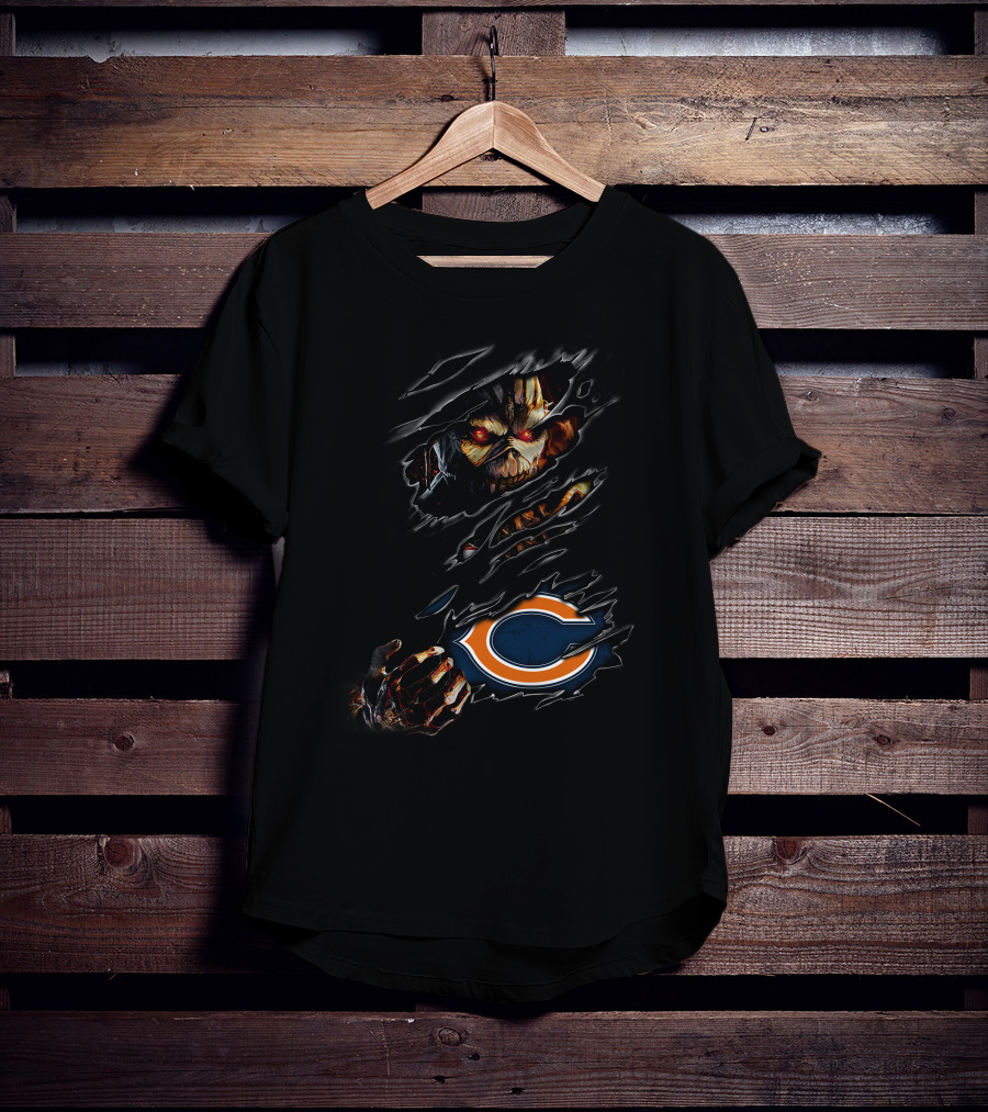 Chicago Bears Halloween Horror Claw Rips With Scary Monster Face T-Shirt