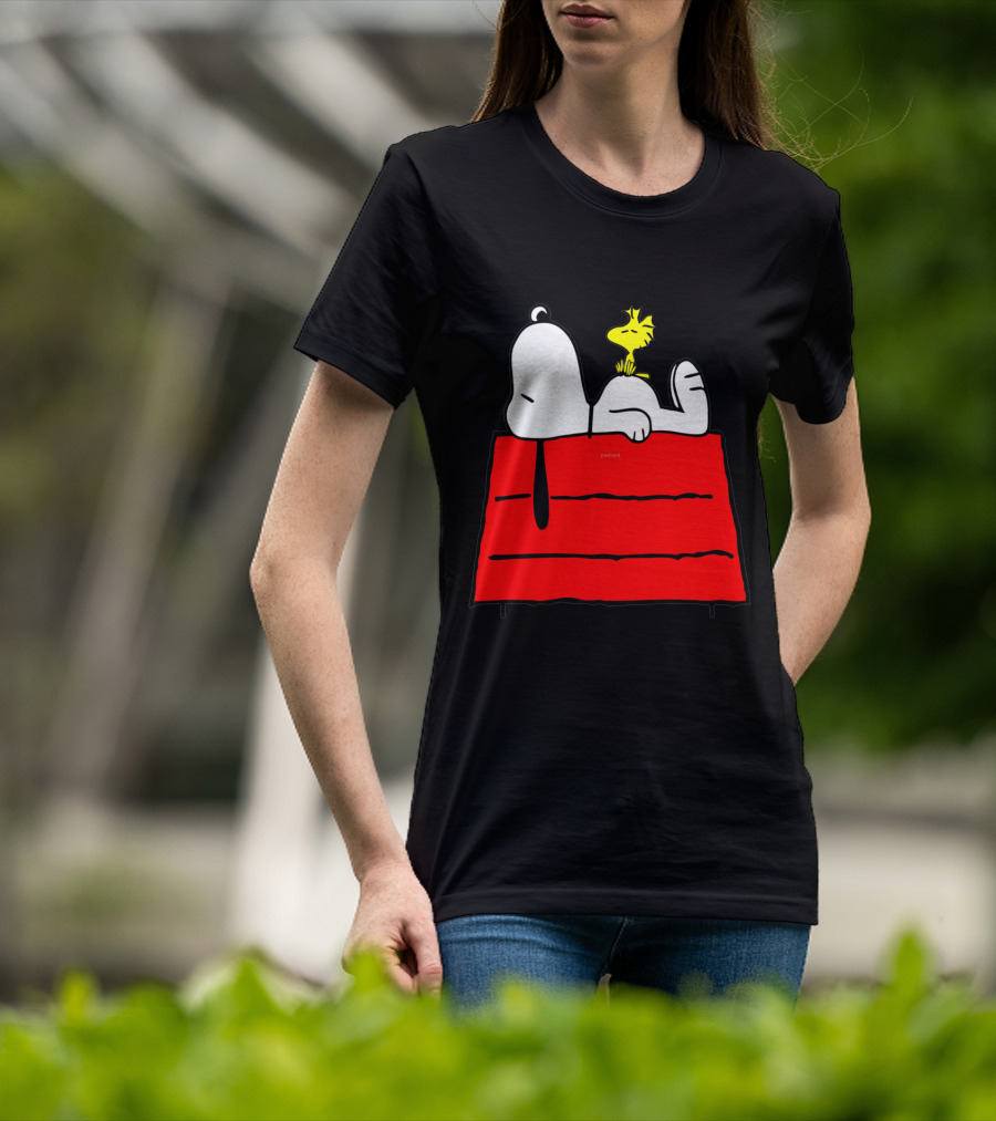 Snoopy Sleeping On Red Doghouse With Woodstock T-Shirt
