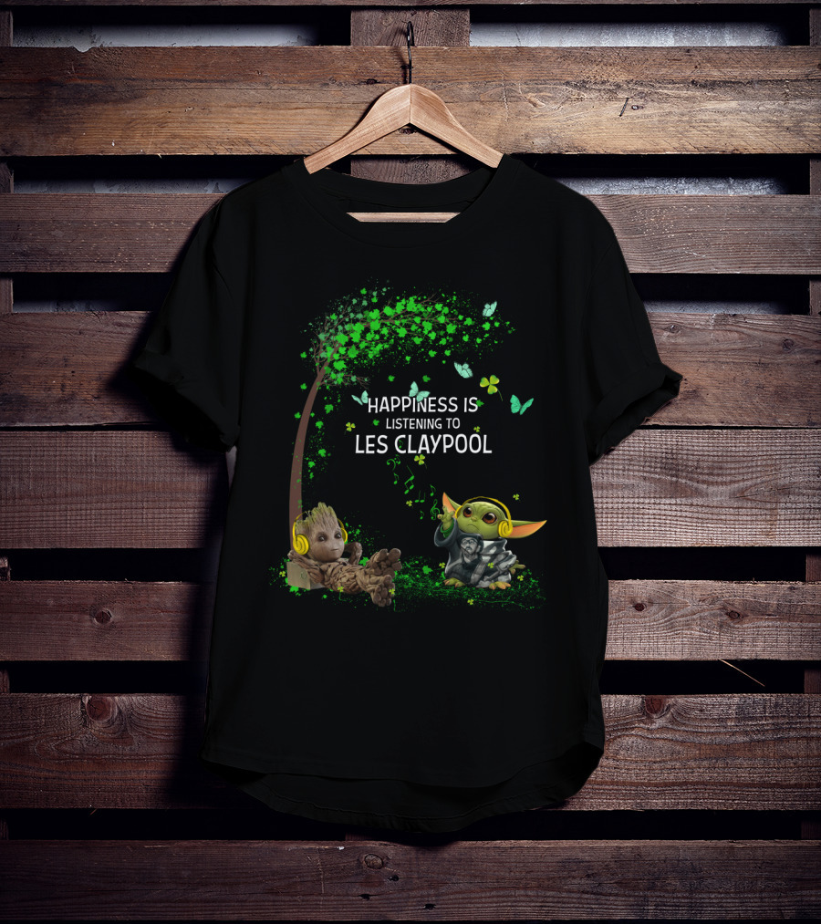 Happiness Is Listening To Les Claypool Featuring Cute Characters With Headphones And Green Butterfly Tree T-Shirt