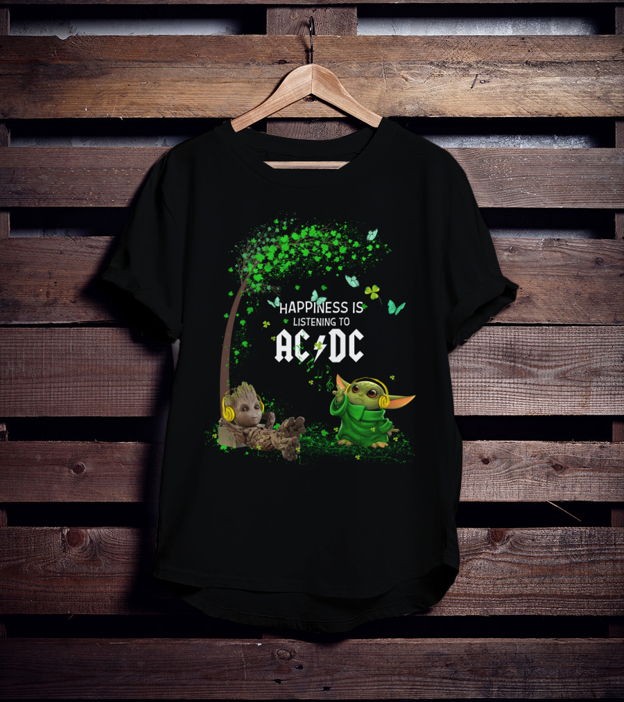 Happiness Is Listening To Ac/Dc Groot Baby Yoda Collaboration T-Shirt