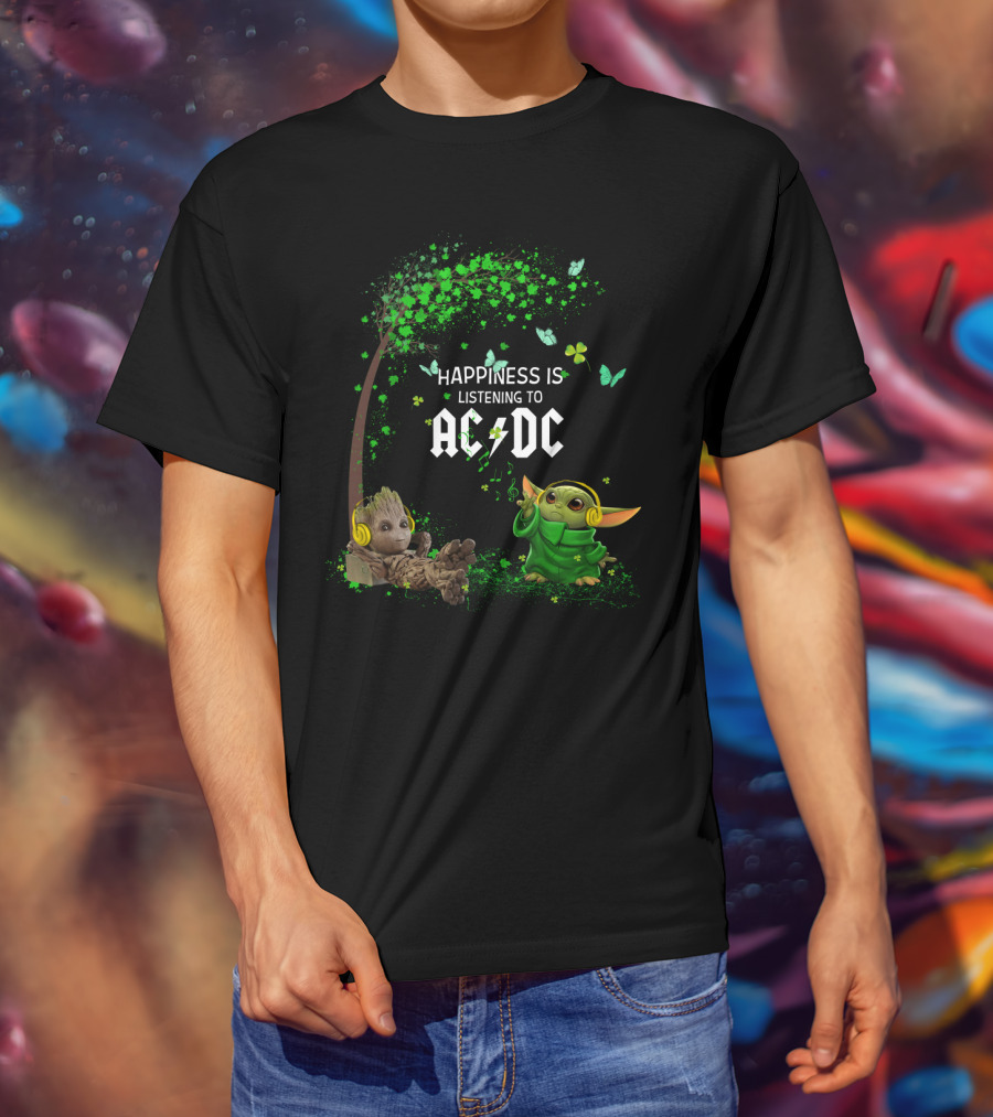 Happiness Is Listening To Ac/Dc Groot Baby Yoda Collaboration T-Shirt