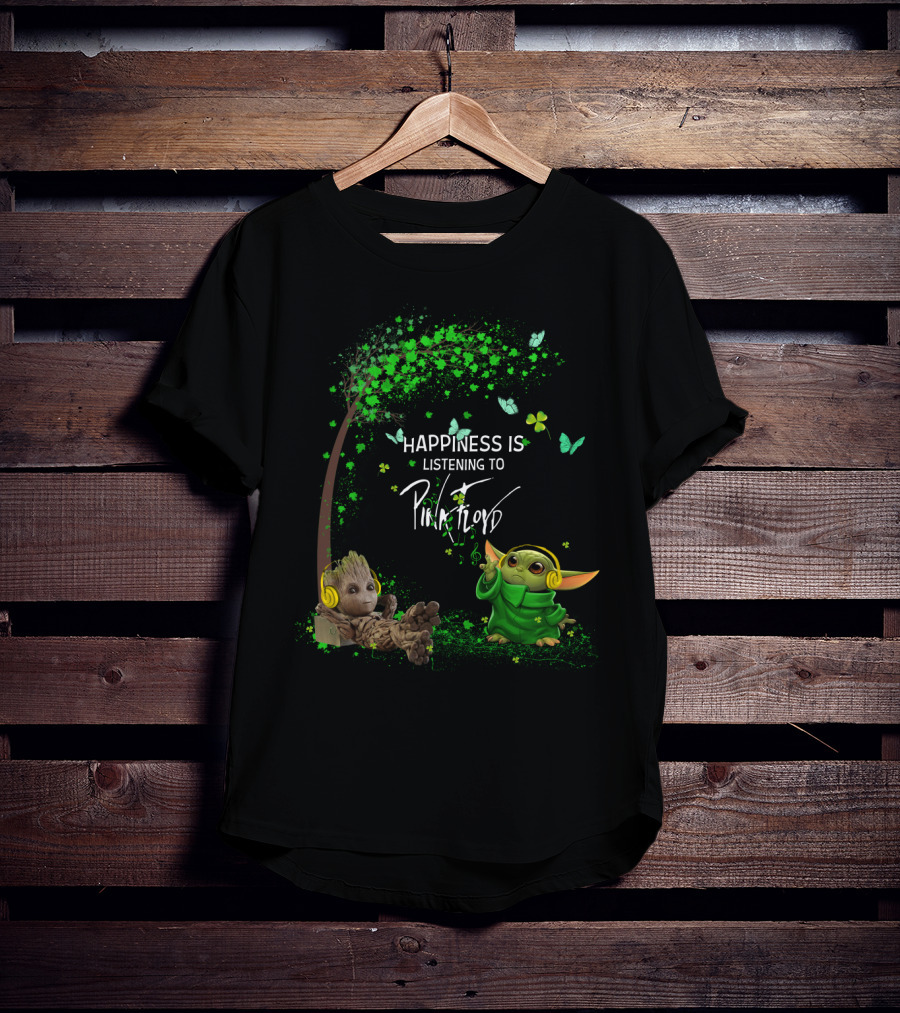 Happiness Is Listening To Pink Floyd With Headphone Characters In Green Fantasy Scene T-Shirt