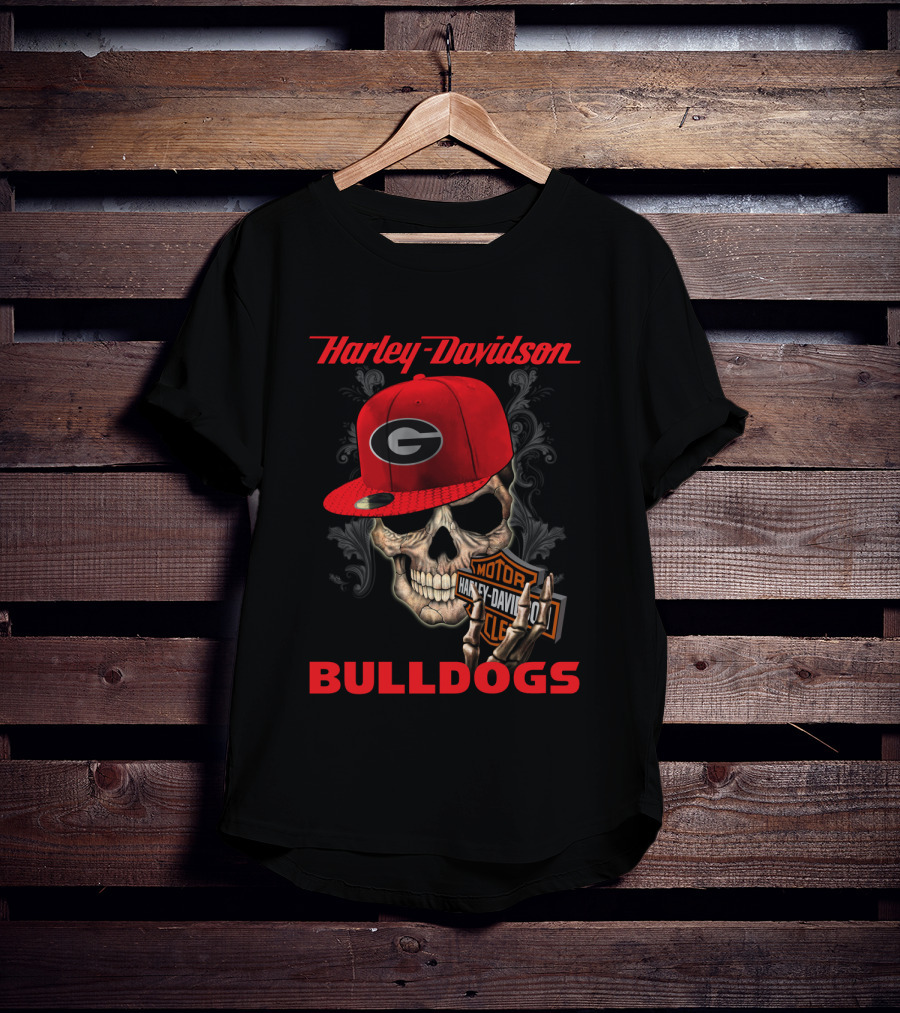 Harley Davidson Skull Wearing Georgia Bulldogs Cap T-Shirt