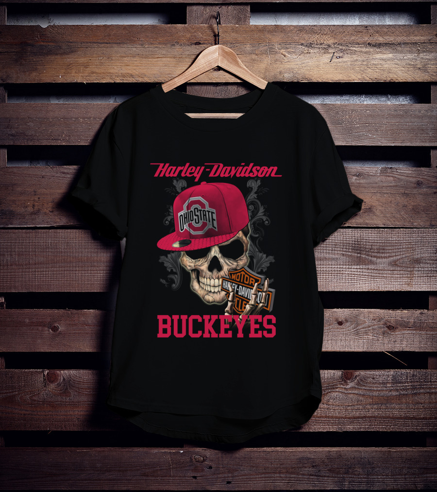 Harley Davidson Skull With Ohio State Buckeyes Cap And Motorcycle Elements T-Shirt