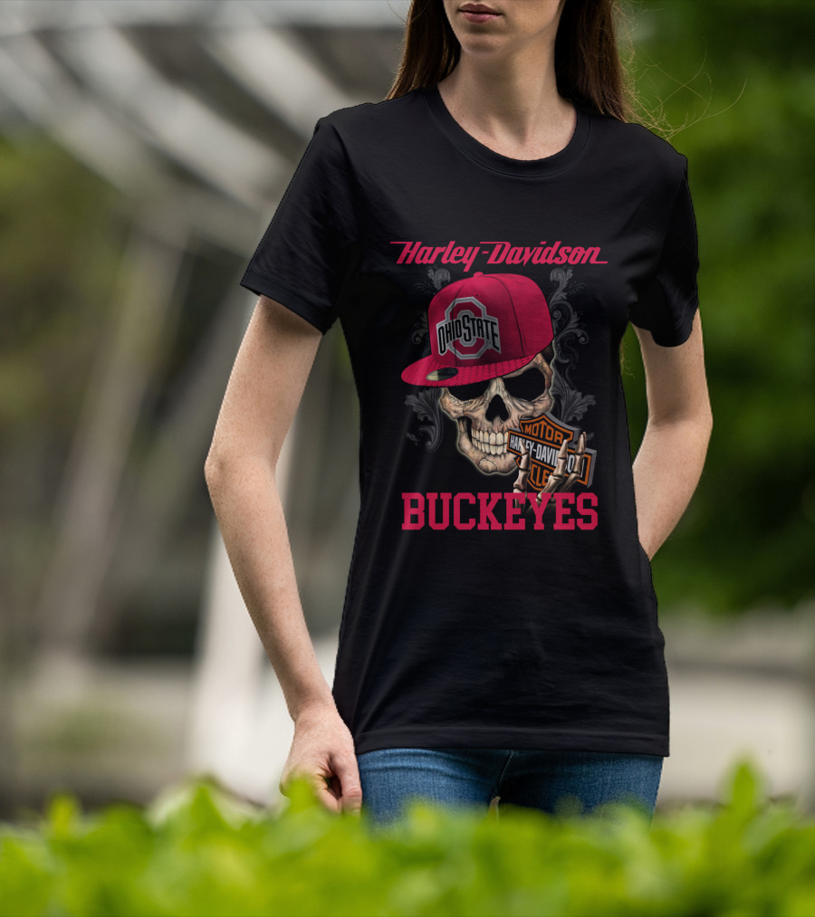 Harley Davidson Skull With Ohio State Buckeyes Cap And Motorcycle Elements T-Shirt